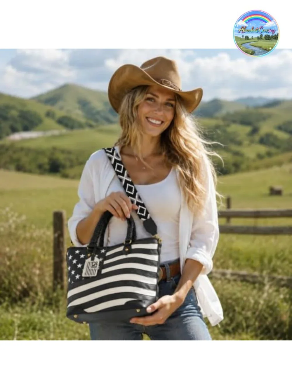 Vintage Patriotic Western Tote Bag with Braided Top Handles Faux Leather